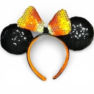 Disney Candy Corn Sequin Mouse Ears Headband Halloween Black Orange Bow